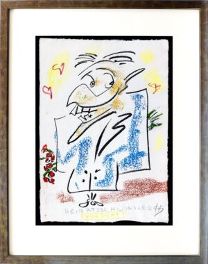 Helge Schneider - HEIRATSSCHWINDLER VORSICHT 2 original Kohlezeichnung auf Bütte...