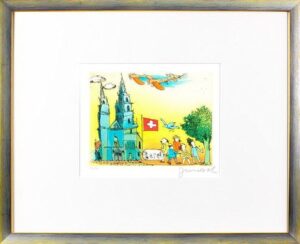 Janosch - BASEL UND SEIN MÜNSTER - original Radierung handsigniert-silber gelb