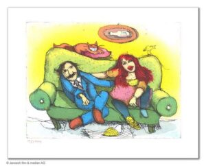 Janosch - DAS HOLDE PAAR AUF DEM GRÜNEN SOFA - original Radierung handsigniert -...