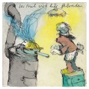 Janosch - DER FISCH WIRD HIER GEBRATEN - original Radierung handsigniert - ohne ...