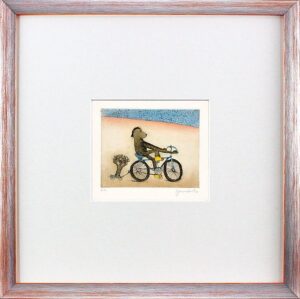 Janosch - FAHRRADBÄR - original Radierung handsigniert-silber-orange