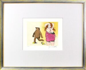 Janosch - FRAU MIT BÄR - original Radierung handsigniert-silber gelb