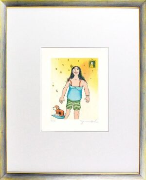 Janosch - FRAU MIT HUND - original Radierung handsigniert-silber gelb