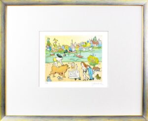 Janosch - HUSUM IST SO SCHRÄG - original Radierung handsigniert-silber gelb