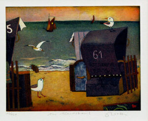 Jutta Votteler - Am Abendstrand - Original Farb-Radierung - limitiert und handsi...