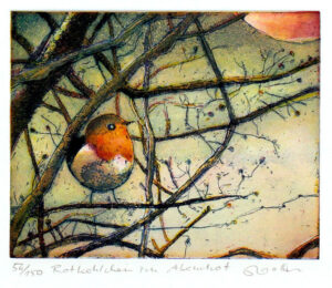 Jutta Votteler - Rotkehlchen im Abendrot - Original Farb-Radierung - limitiert u...