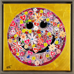 Kat Lassen - BE HAPPY SMILEY PINK FLOWER GOLD - Original Mischtechnik - handsign...