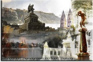 Koblenz Collage in Blau von A. Baecker Leinwandbild