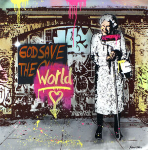 MICHEL FRIESS - GOD SAVE THE WORLD - original MISCHTECHNIK auf gebürstetem Alumi...