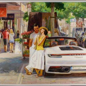 Diego Santos original Gemälde - Amüsantes Gespräch - Porsche - handgemalt