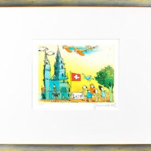 Janosch - BASEL UND SEIN MÜNSTER - original Radierung handsigniert-silber gelb