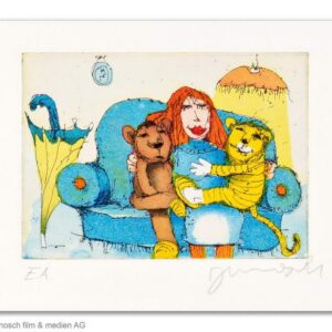 Janosch - DA SASSEN SIE ZUSAMMEN AUF DEM SOFA - original Radierung handsigniert ...
