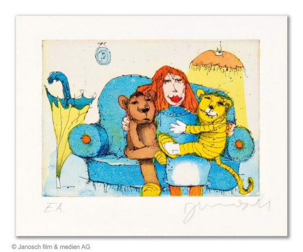 Janosch - DA SASSEN SIE ZUSAMMEN AUF DEM SOFA - original Radierung handsigniert ...