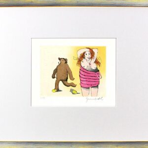 Janosch - FRAU MIT BÄR - original Radierung handsigniert-silber gelb