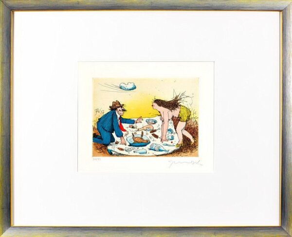 Janosch - PICKNICK MIT LYDIA - original Radierung handsigniert-silber gelb