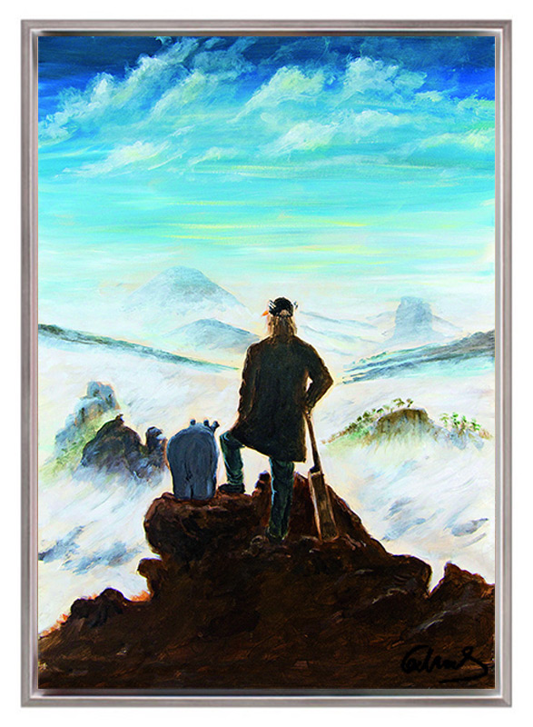Otto Waalkes - ZWEI WANDERER ÜBER DEM NEBELMEER - Original Pigmentgrafik auf Lei...