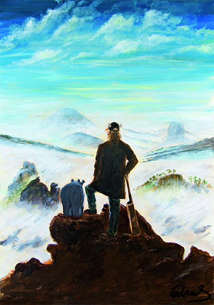 Otto Waalkes - ZWEI WANDERER ÜBER DEM NEBELMEER - Original Pigmentgrafik auf Lei...