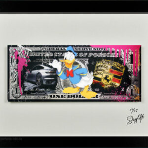 SKYYLOFT - Donald Duck Porsche Rubin Dollar - Bild mit Museumsglas und Bilderrah...