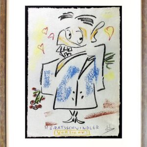 Helge Schneider - HEIRATSSCHWINDLER VORSICHT 2 original Kohlezeichnung auf Bütte...