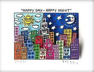James Rizzi - HAPPY DAY - HAPPY NIGHT - Original 3D Bild drucksigniert