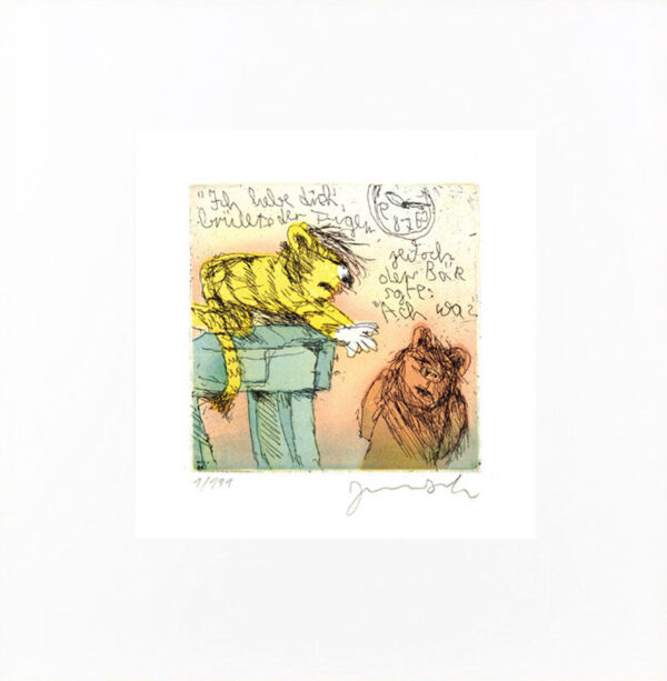 Janosch - ICH LIEBE DICH BRÜLLTE DER TIGER  - original Radierung handsigniert