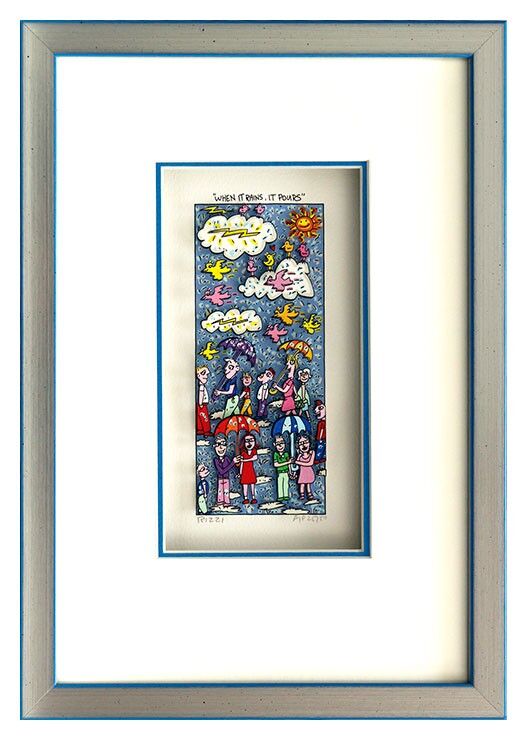 James Rizzi - WHEN IT RAINS. IT POURS - Original 3D Bild drucksigniert-Silber-he...