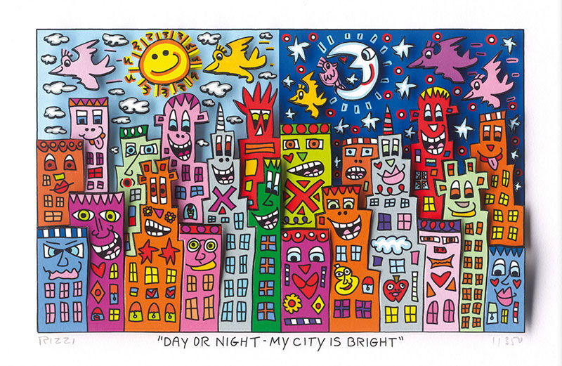 James Rizzi - DAY OR NIGHT MY CITY IS BRIGHT - Original 3D Bild drucksigniert