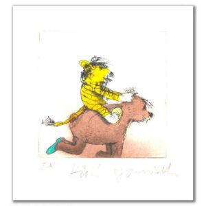 Janosch - FLOTTER RITT MIT TIGER UND BÄR - original Radierung handsigniert - ohn...